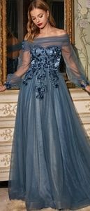 New blue strapless or long sleeve formal evening gown